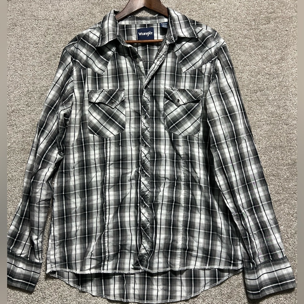 Wrangler Men’s Black White Plaid Snap Button Down long Sleeve Dress Shirt XL
